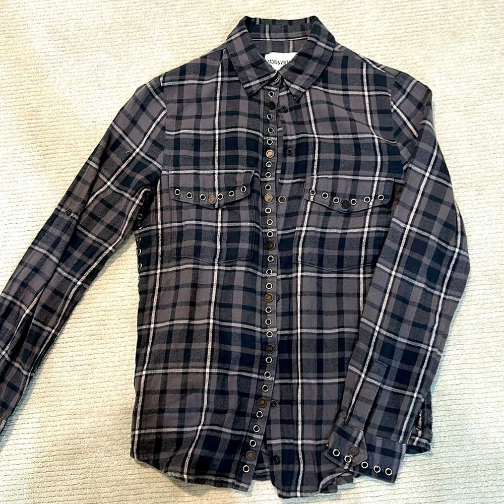 Zadig & Voltaire woman’s flannel shirt with dk silver grommets black gray XS